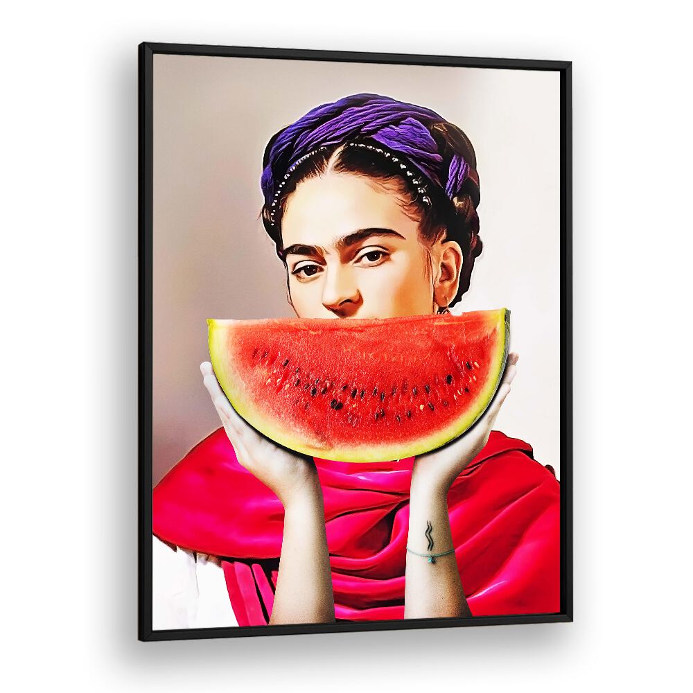 Vibrant WATERMELON FRIDA, ALTERED ART PRINTS by Dikhotomy, showcasing a colorful reimagining of Frida Kahlo.