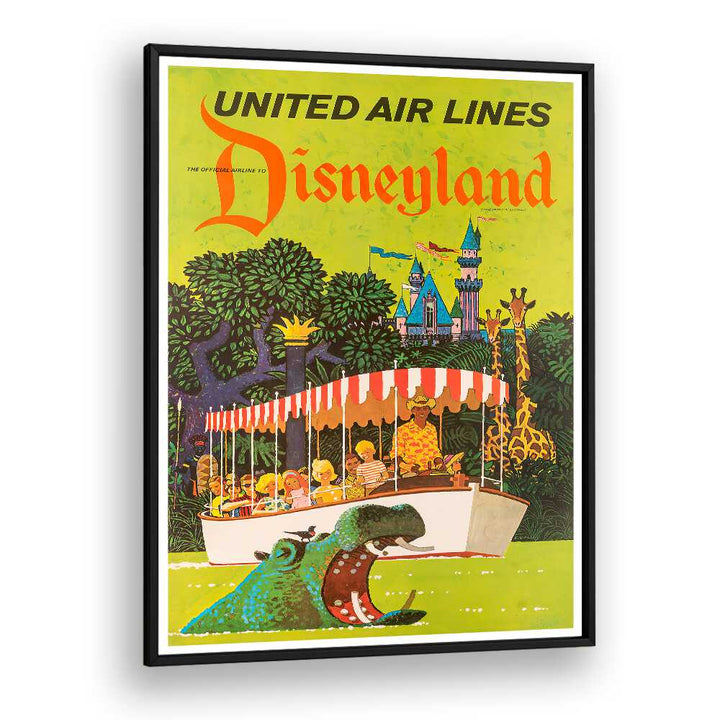 Colorful vintage Disneyland travel poster featuring a boat tour, perfect for nostalgia lovers. Ideal for home decor.