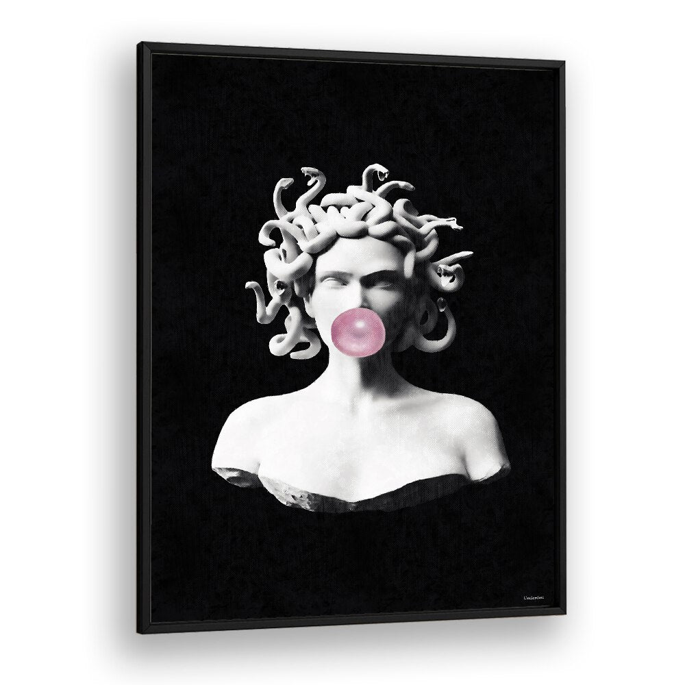 Whimsical Medusa blowing pink bubblegum, featured in ALTERED ART PRINTS by Underdott. A unique twist on classical beauty.