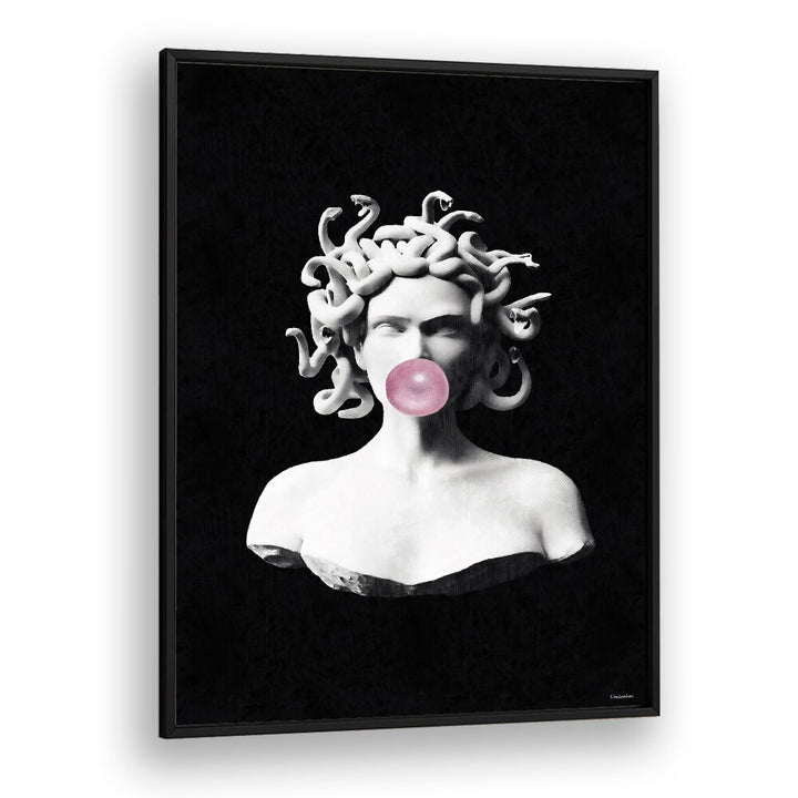 Whimsical Medusa blowing pink bubblegum, featured in ALTERED ART PRINTS by Underdott. A unique twist on classical beauty.