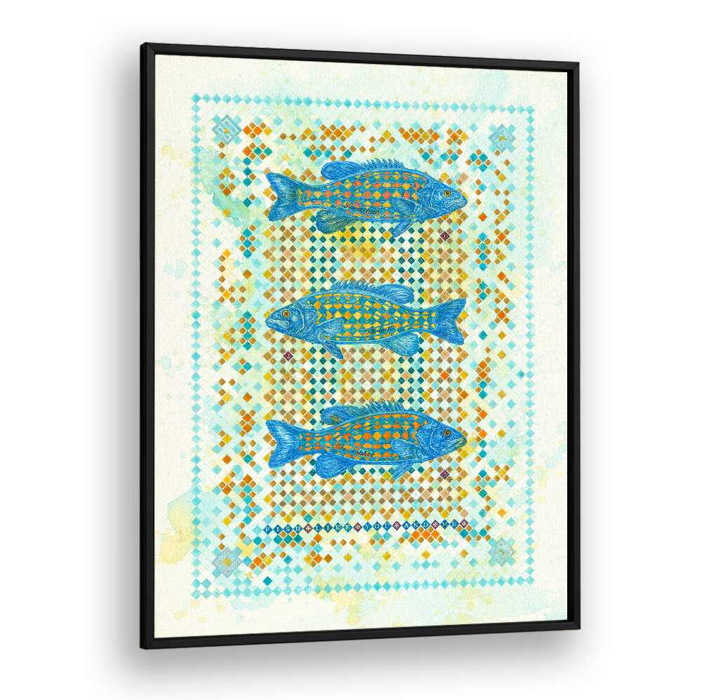 Vibrant blue fish swim in a patterned design, featured in FISH LIKE YOU AND ME II, ANIMAL PAINTINGS collection.