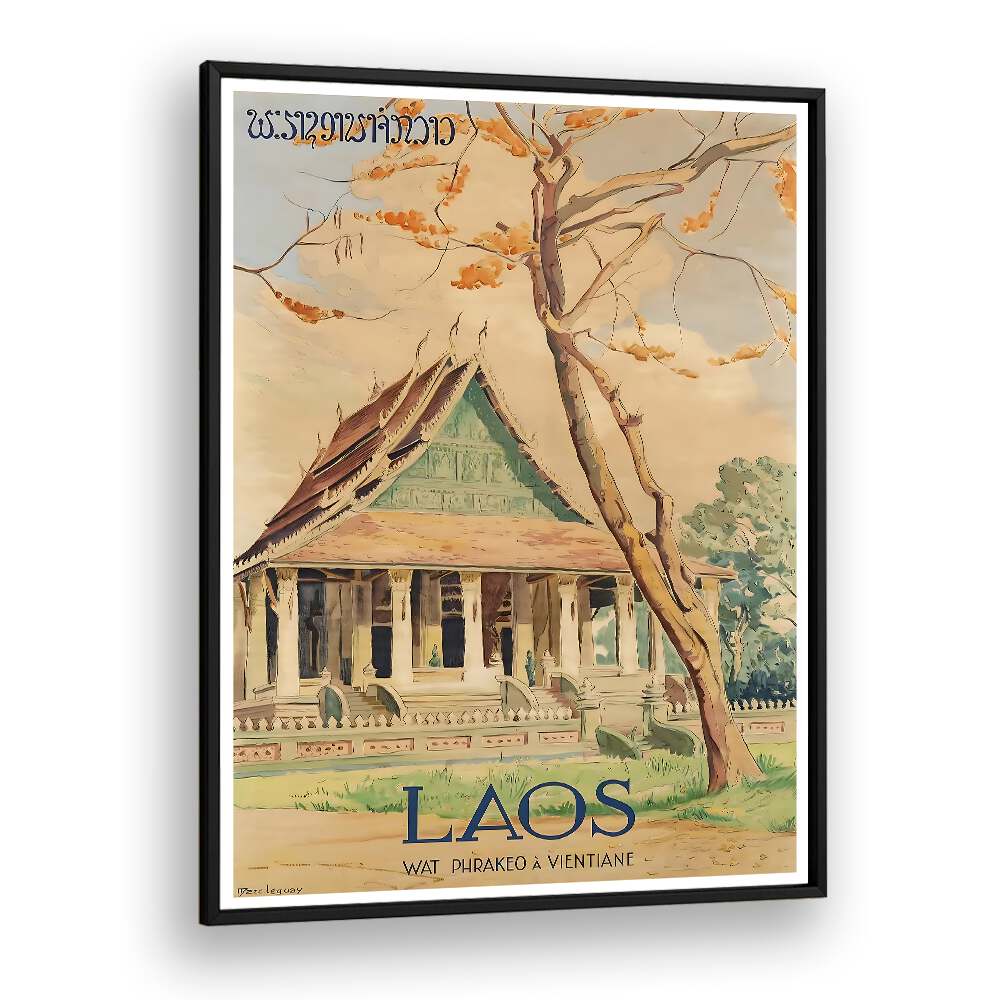 LAOS I, VINTAGE TRAVEL POSTERS showcase the stunning Wat Phra Keo in Vientiane, capturing Laos' rich culture and beauty.