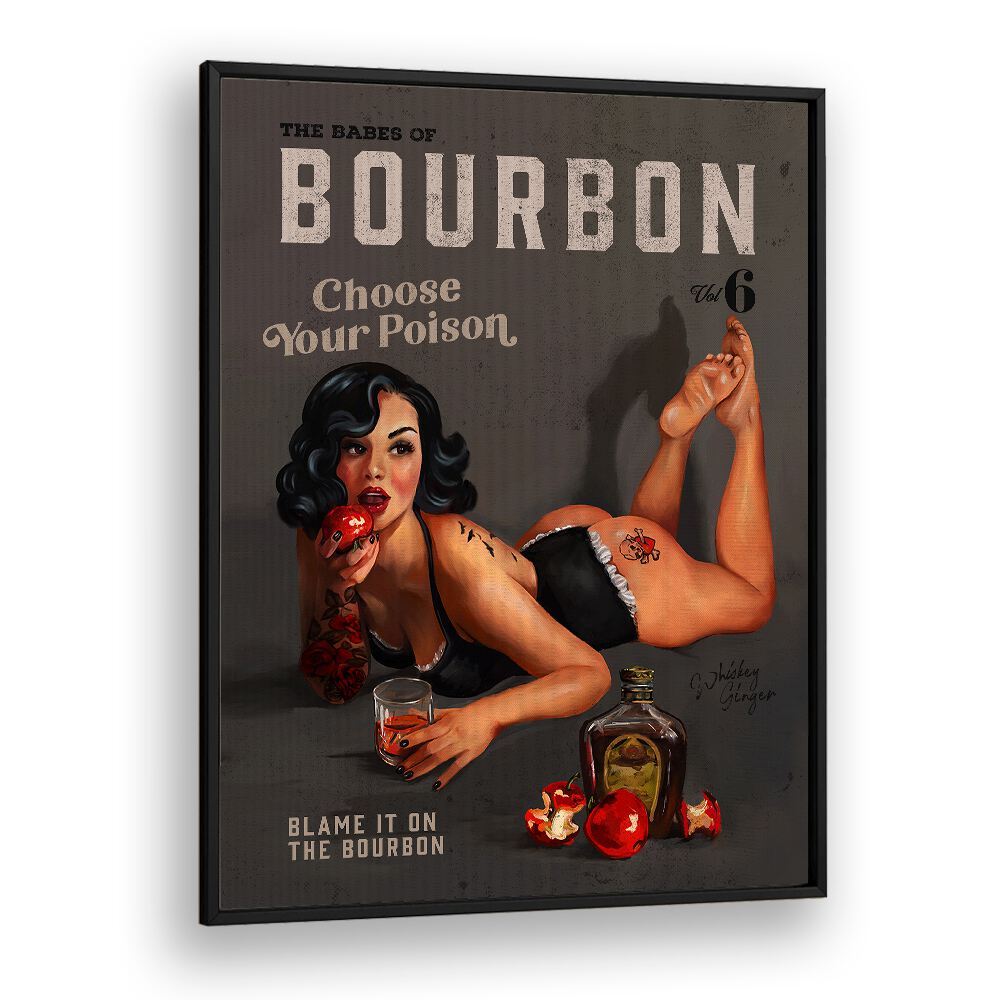 Stylish BABES OF BOURBON, BAR art print featuring a pinup girl and bourbon bottle, perfect for your entertainment space.