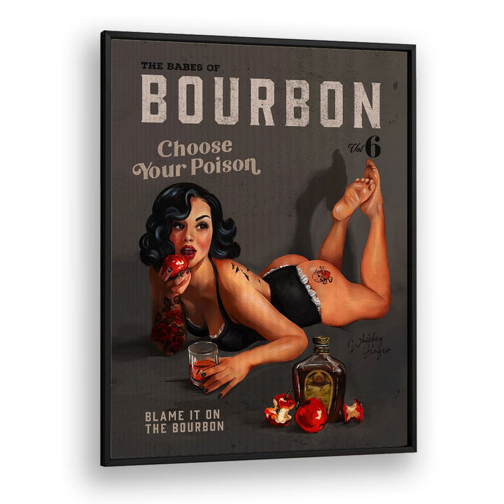 Stylish BABES OF BOURBON, BAR art print featuring a pinup girl and bourbon bottle, perfect for your entertainment space.