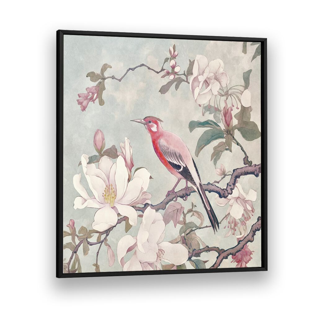 Vibrant CHINOISERIE BIRD IV, ANIMAL PAINTINGS art piece featuring a bird among delicate blossoms, perfect for spring decor.