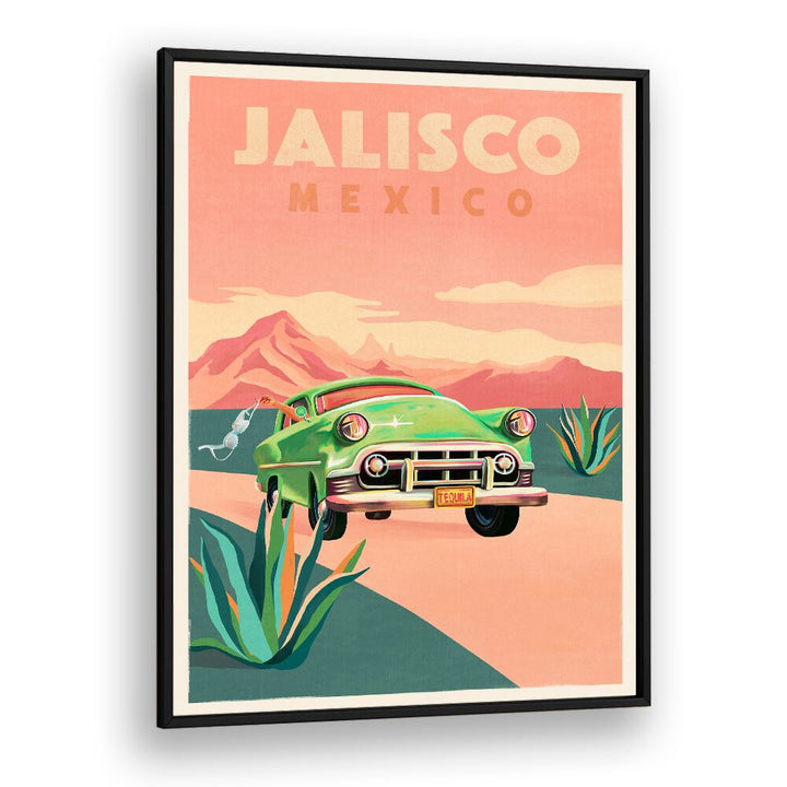 Vibrant Jalisco Mexico travel poster featuring a classic car against a scenic backdrop, perfect for decor.