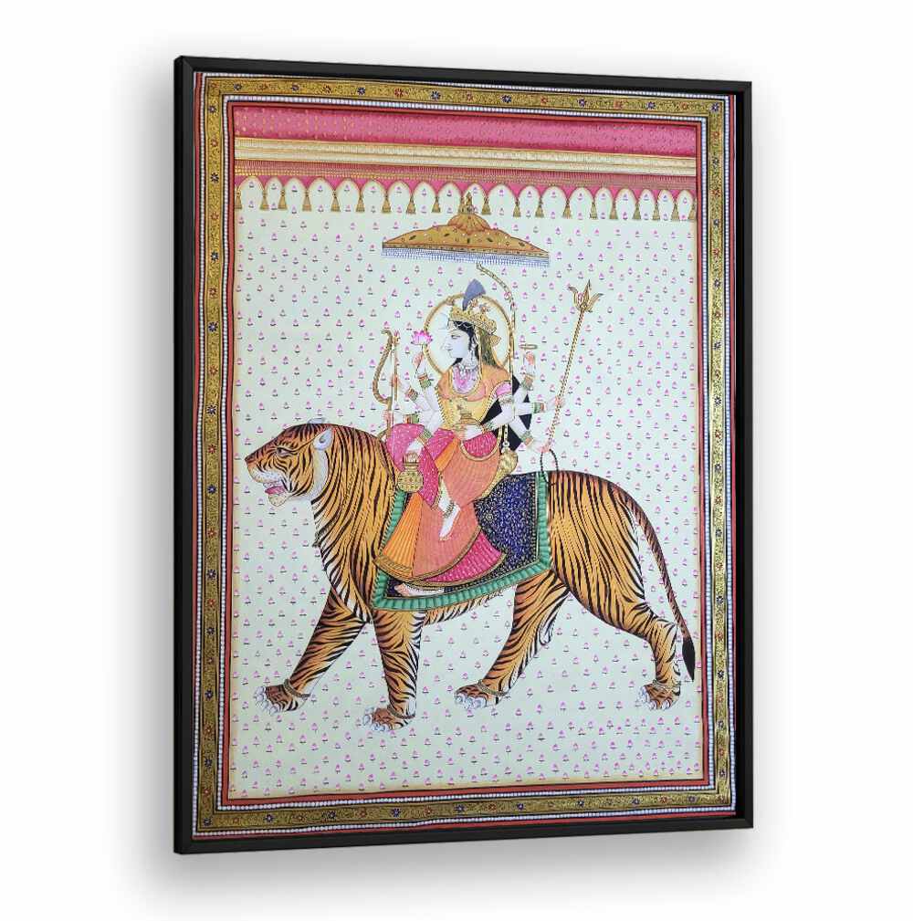 Stunning MAA DURGA, INDIAN ART PAINTINGS showcasing vibrant colors and intricate details of Goddess Durga on a tiger.