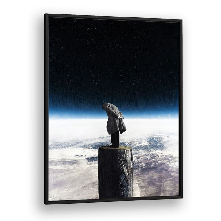 Surreal art print "I ALONE" by UNDERDOTT, showcasing a figure on a stump against a cosmic backdrop.