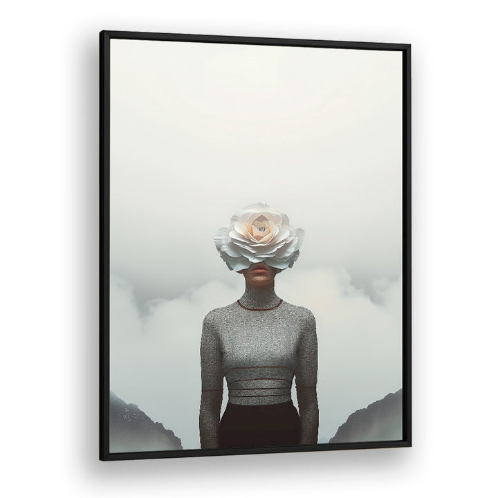 FLOWER FACE, SURREAL ART PRINTS by Andreas Magnusson features a figure with a flower head in a dreamy landscape.