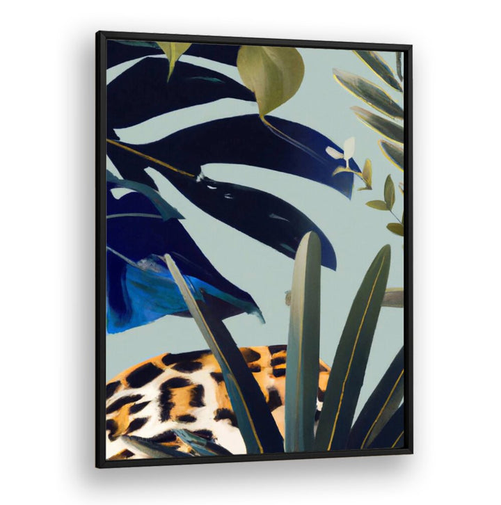 HIDDEN LEOPARD , FLORAL FLOWER PAINTINGS showcasing a hidden leopard among dark green leaves with floral accents.