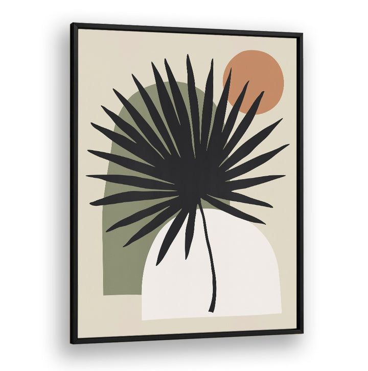 Stylish COMPOSITION V, BOHO ART PAINTINGS featuring a bold palm leaf and modern shapes, perfect for elegant decor.