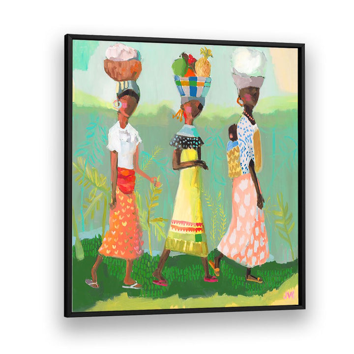 Colorful depiction of women carrying goods in "BACK FROM THE MARKET, PORTRAITS," showcasing vibrant figurative art.