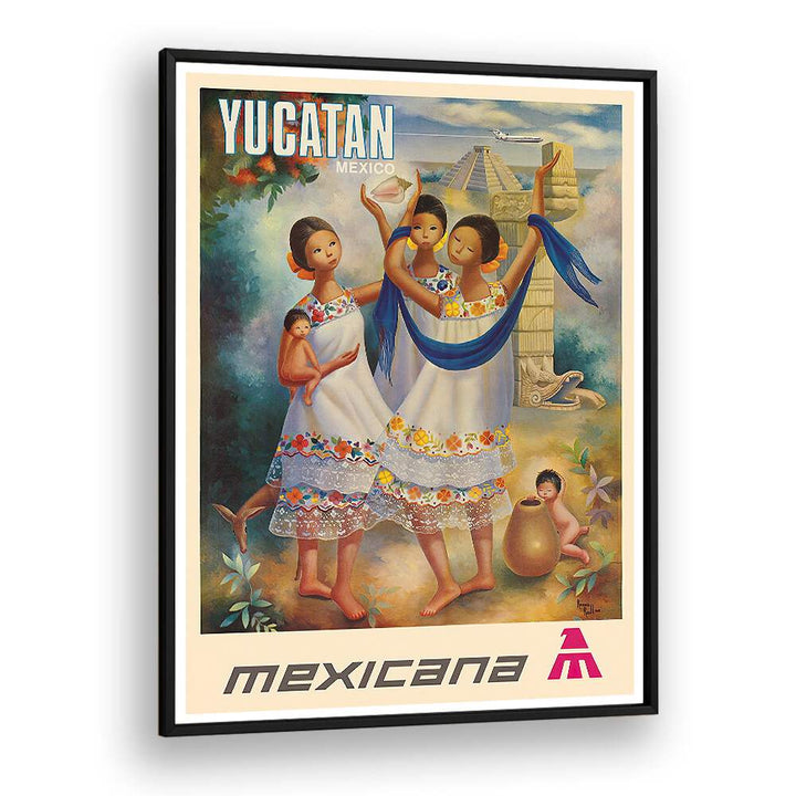 Colorful MEXICANA YUCATAN, VINTAGE TRAVEL POSTERS showcasing vibrant culture and landscapes of Mexico's Yucatan Peninsula.