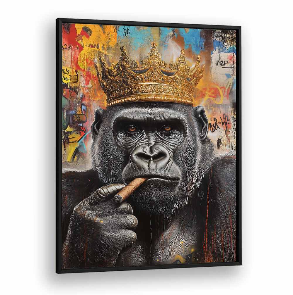 Majestic gorilla wearing a crown, featured in THE GORILLA KING, ALTERED ART PRINTS for unique decor.