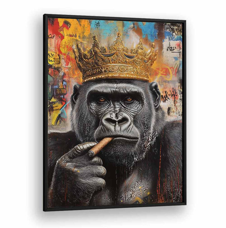 Majestic gorilla wearing a crown, featured in THE GORILLA KING, ALTERED ART PRINTS for unique decor.