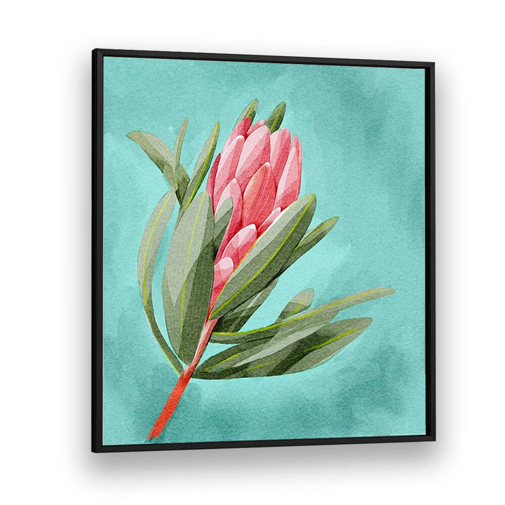 Vibrant PROTEA, FLORAL FLOWER PAINTINGS display elegance on a soothing blue backdrop, enhancing any modern decor.