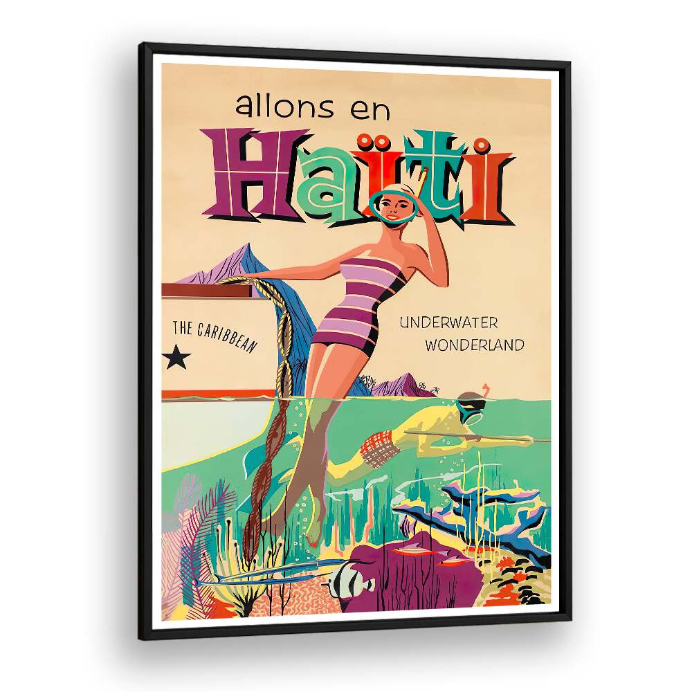 ALLONS EN HAITI, VINTAGE TRAVEL POSTERS showcase vibrant Caribbean scenes, capturing Haiti's enchanting allure.