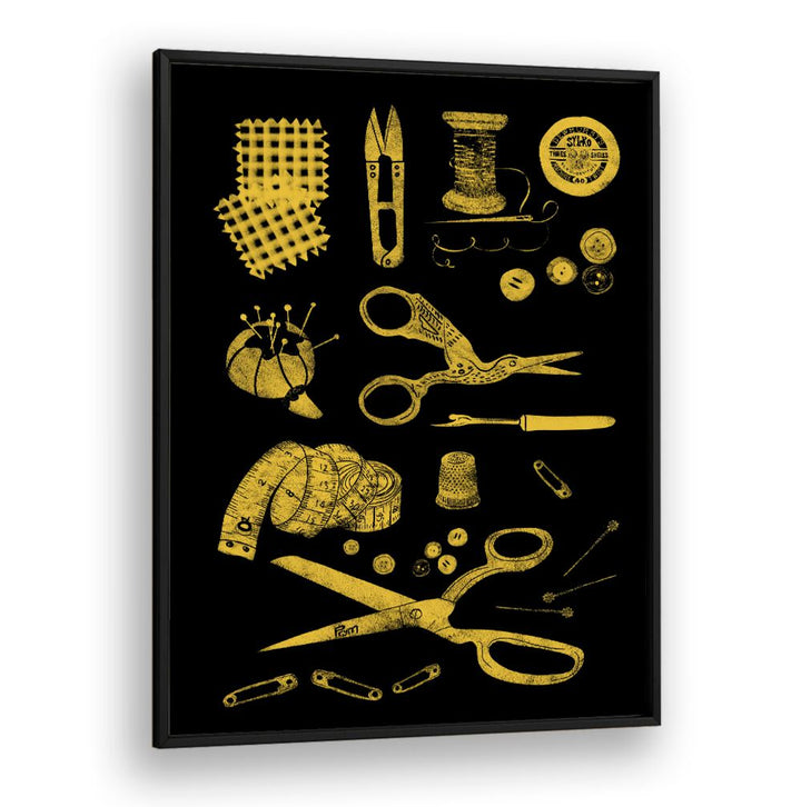 Stylish HABERDASHERY BLACK AND GOLD, FASHION POSTERS featuring sewing tools and accessories in elegant design.