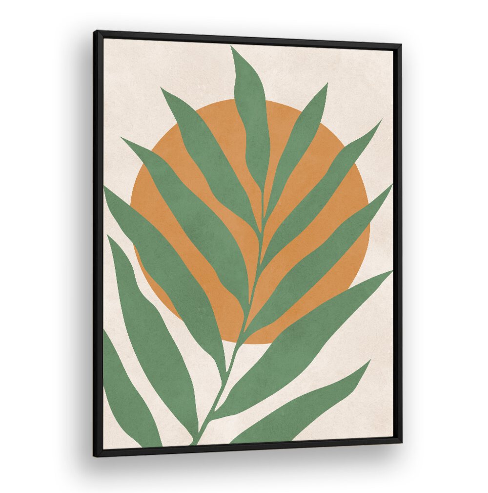 Vibrant TROPICAL III, BOHO ART PAINTINGS featuring lush green leaves against a warm orange circle backdrop.