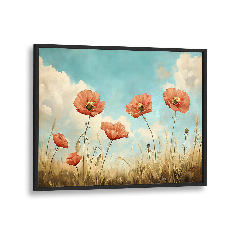 RED POPPIES SWAYING , FLORAL FLOWER PAINTINGS