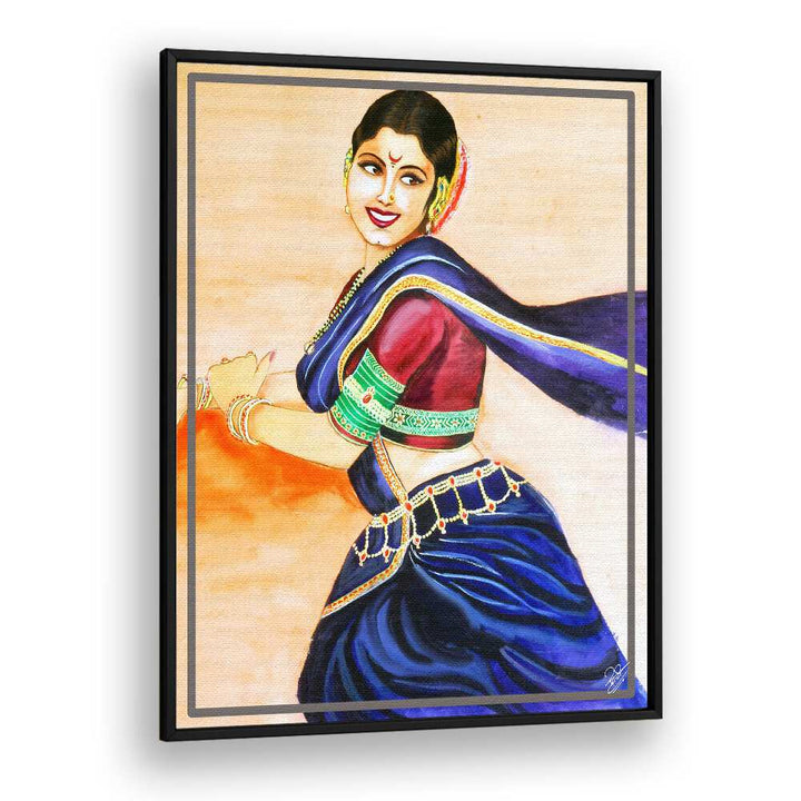 Smiling woman in vibrant attire captures joy and grace in RHYTHM OF BEAUTY, INDIAN ART PAINTINGS.