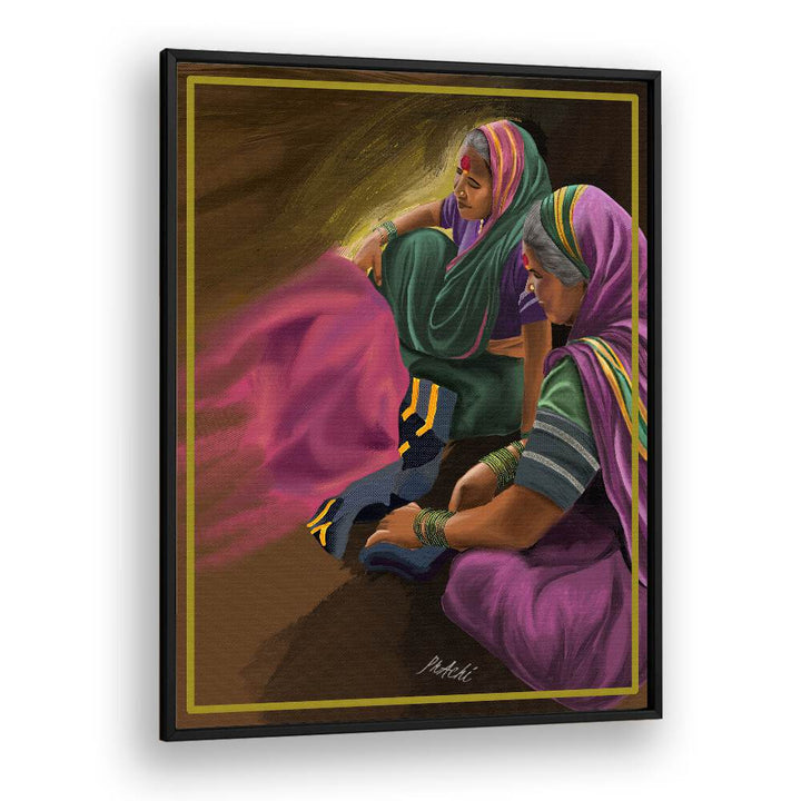 Maharashtrian women weaving Godhadi, showcasing the JOY OF WEAVING, INDIAN ART PAINTINGS in vibrant colors.