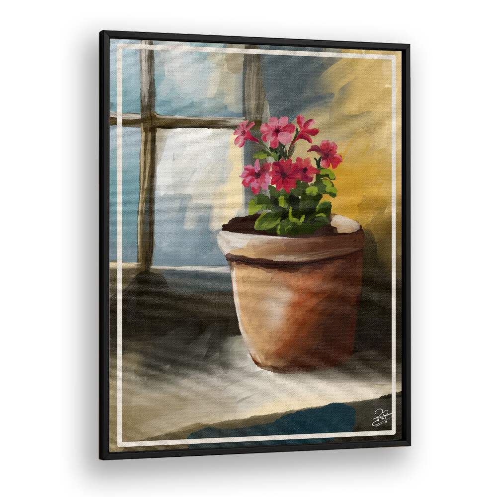 Vibrant flowers in a pot by a window highlight the beauty of BLOOM BY THE WINDOW, INDIAN ART PAINTINGS.