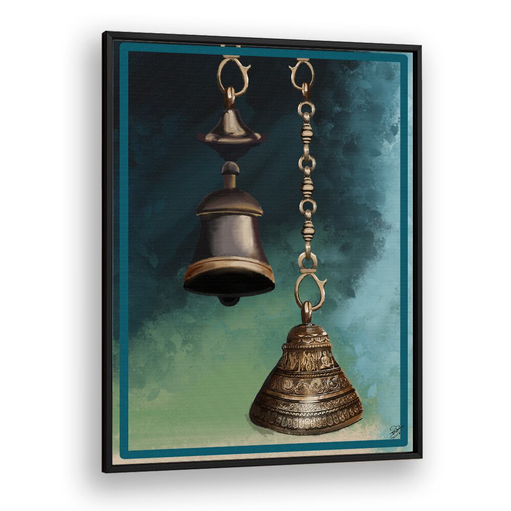 Intricate brass bells in "THE HARMONY, INDIAN ART PAINTINGS" showcase realism and attention to detail.