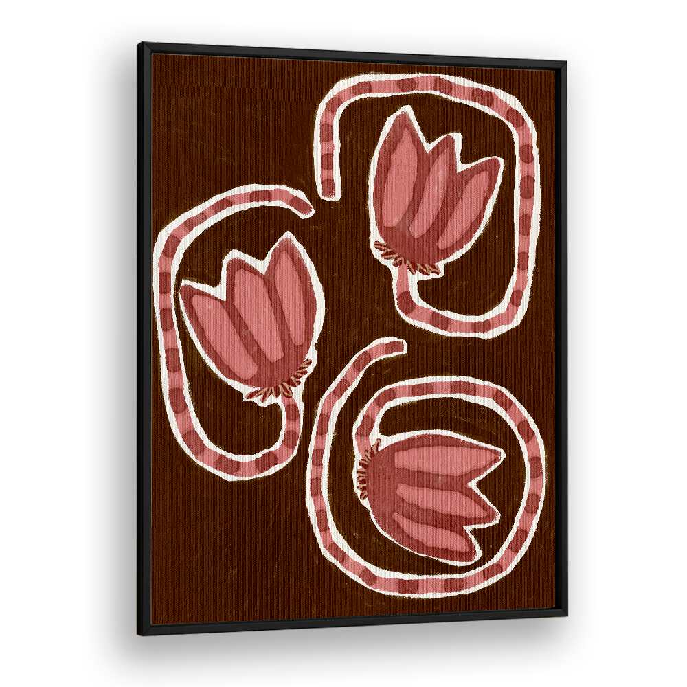 Delicate Bloom XXV, floral flower paintings, feature intricate pink blooms on a rich brown background for modern decor.