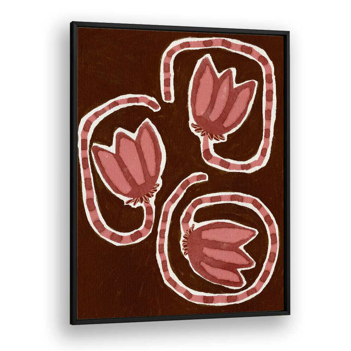 Delicate Bloom XXV, floral flower paintings, feature intricate pink blooms on a rich brown background for modern decor.