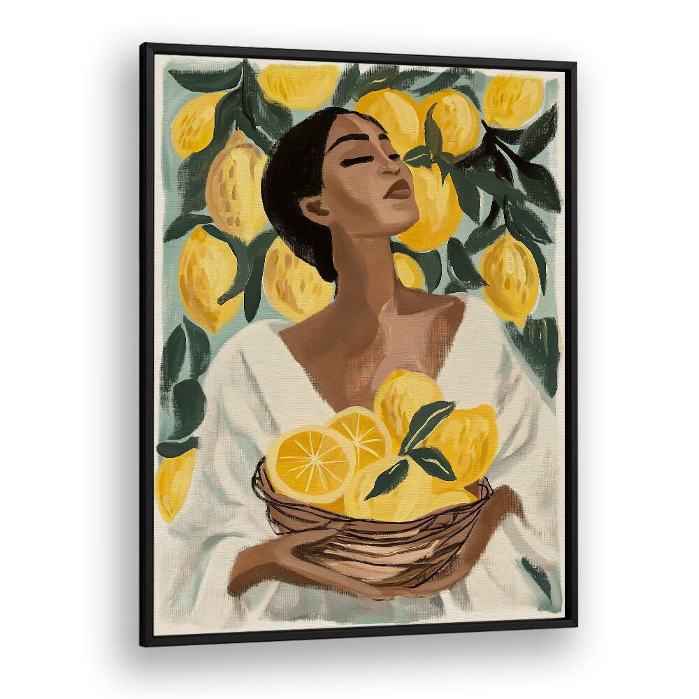 Brighten your home with LEMON TREE, PORTRAITS featuring a woman holding vibrant lemons in a charming, uplifting design.