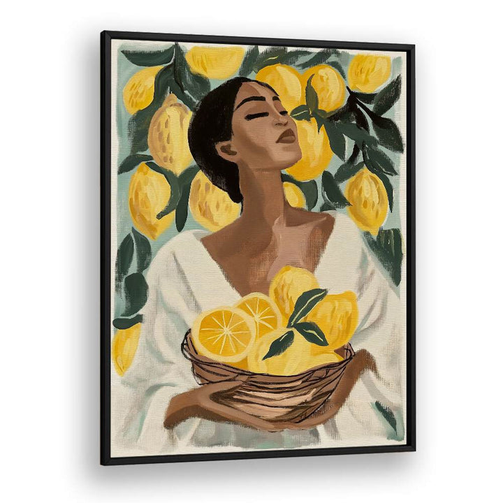 Brighten your home with LEMON TREE, PORTRAITS featuring a woman holding vibrant lemons in a charming, uplifting design.