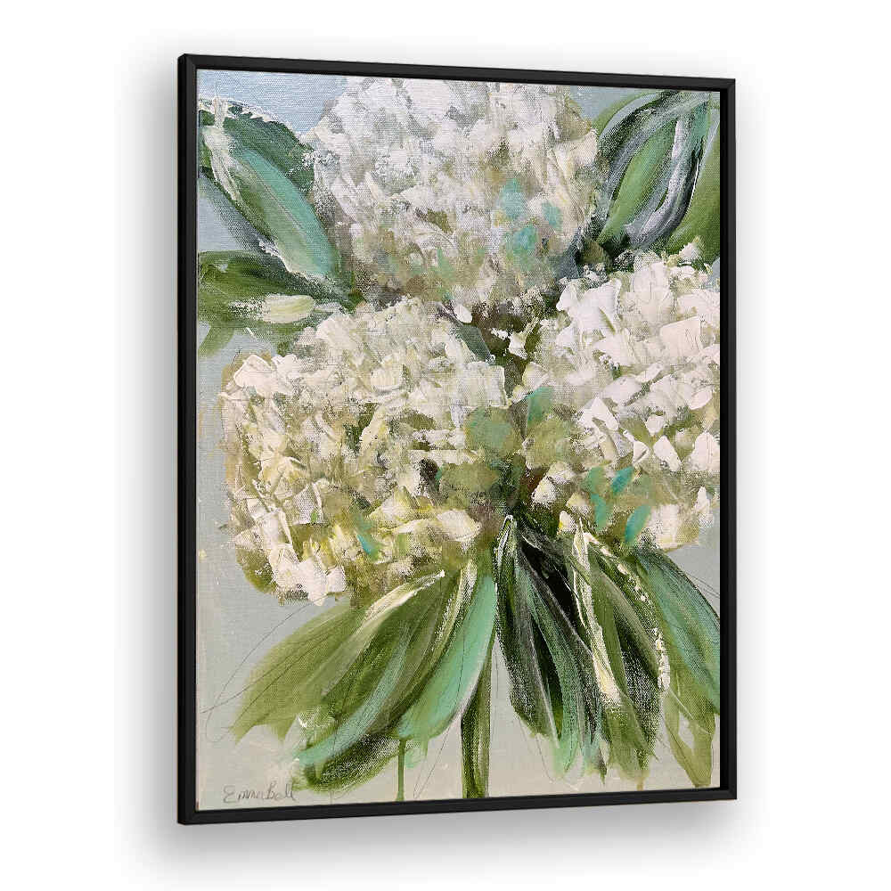 Stunning WHITE HYDRANGEAS GREEN LEAVES, FLORAL FLOWER PAINTINGS for elegant home décor, perfect for art lovers.