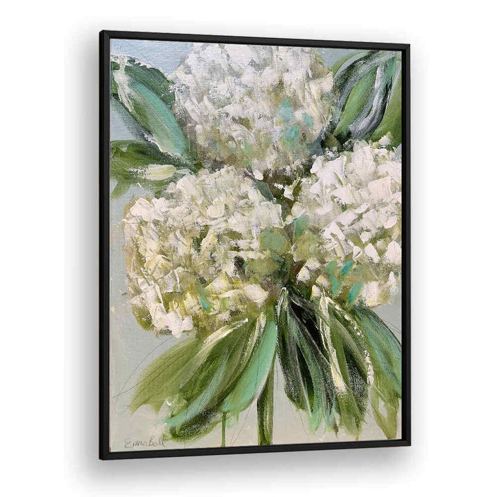 Stunning WHITE HYDRANGEAS GREEN LEAVES, FLORAL FLOWER PAINTINGS for elegant home décor, perfect for art lovers.