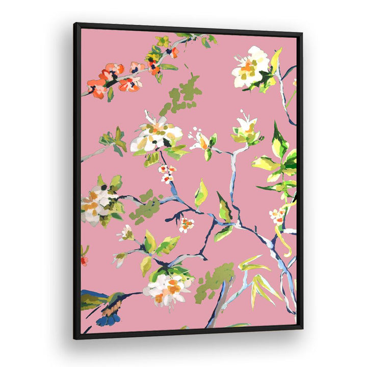 Elegant DINING ROOM WALLS PINK I, FLORAL FLOWER PAINTINGS featuring vibrant abstract floral designs on a pink background.