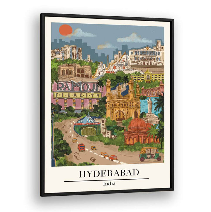 Colorful Hyderabad travel poster featuring iconic landmarks by Saumya Agarwal, perfect for wall art decor.