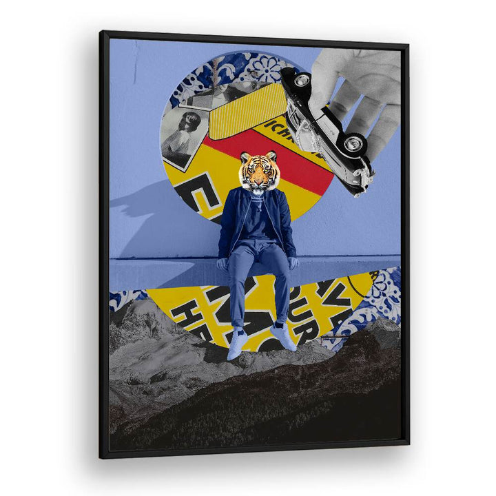 CITIZEN, SURREAL ART PRINTS featuring a tiger-headed figure with vibrant geometric backgrounds for modern decor.