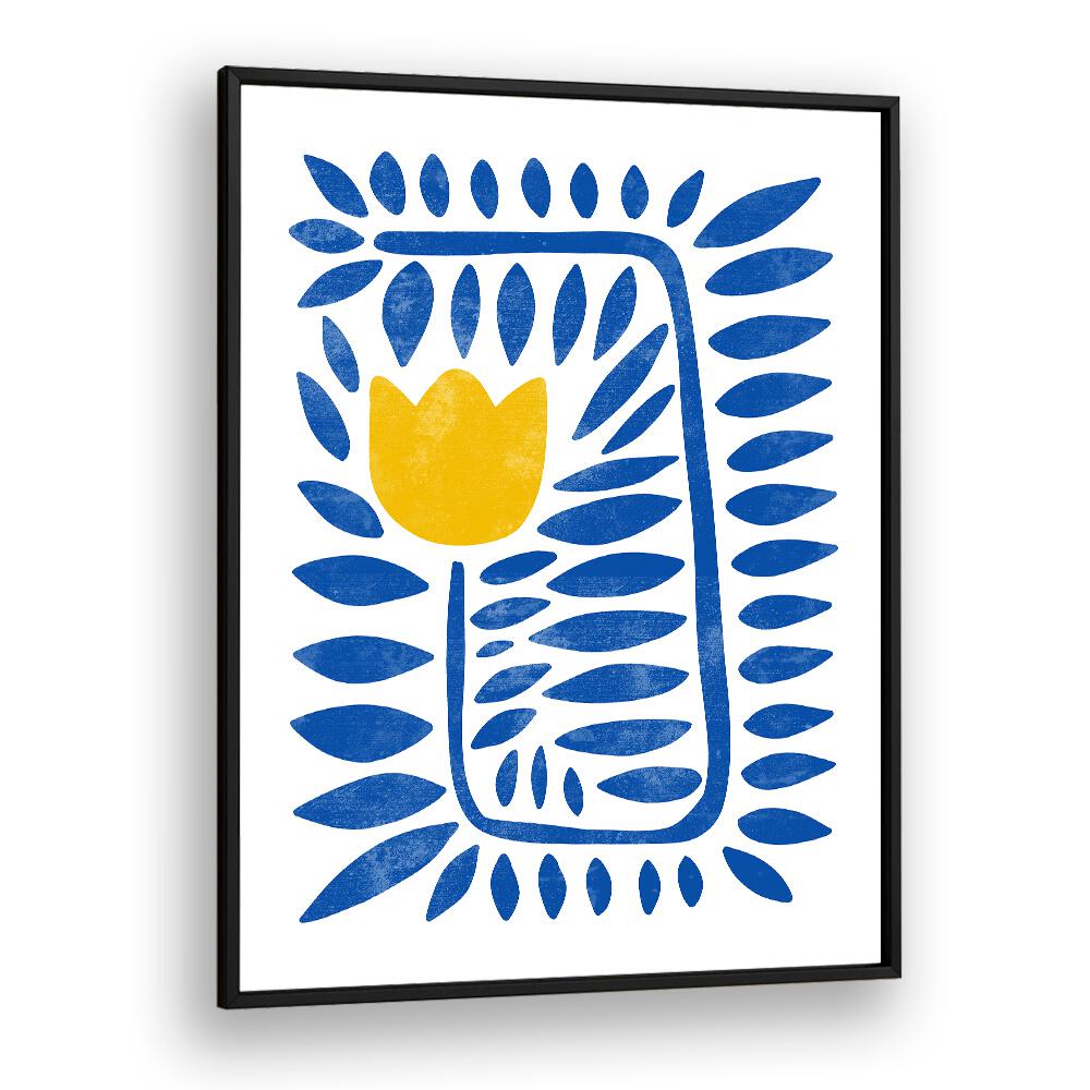 Bright yellow tulip against blue leaves, showcasing YELLOW TULIP HARMONY, FLORAL FLOWER PAINTINGS for vibrant decor.