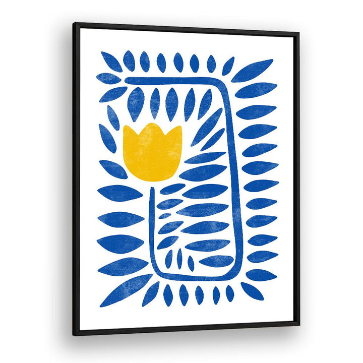 Bright yellow tulip against blue leaves, showcasing YELLOW TULIP HARMONY, FLORAL FLOWER PAINTINGS for vibrant decor.