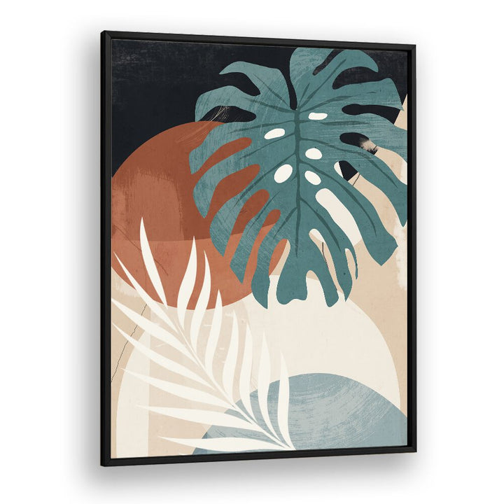 ABSTRACT ART TROPICAL LEAVES IV, BOHO ART PAINTINGS showcase vibrant tropical leaves with earthy tones, perfect for home decor.