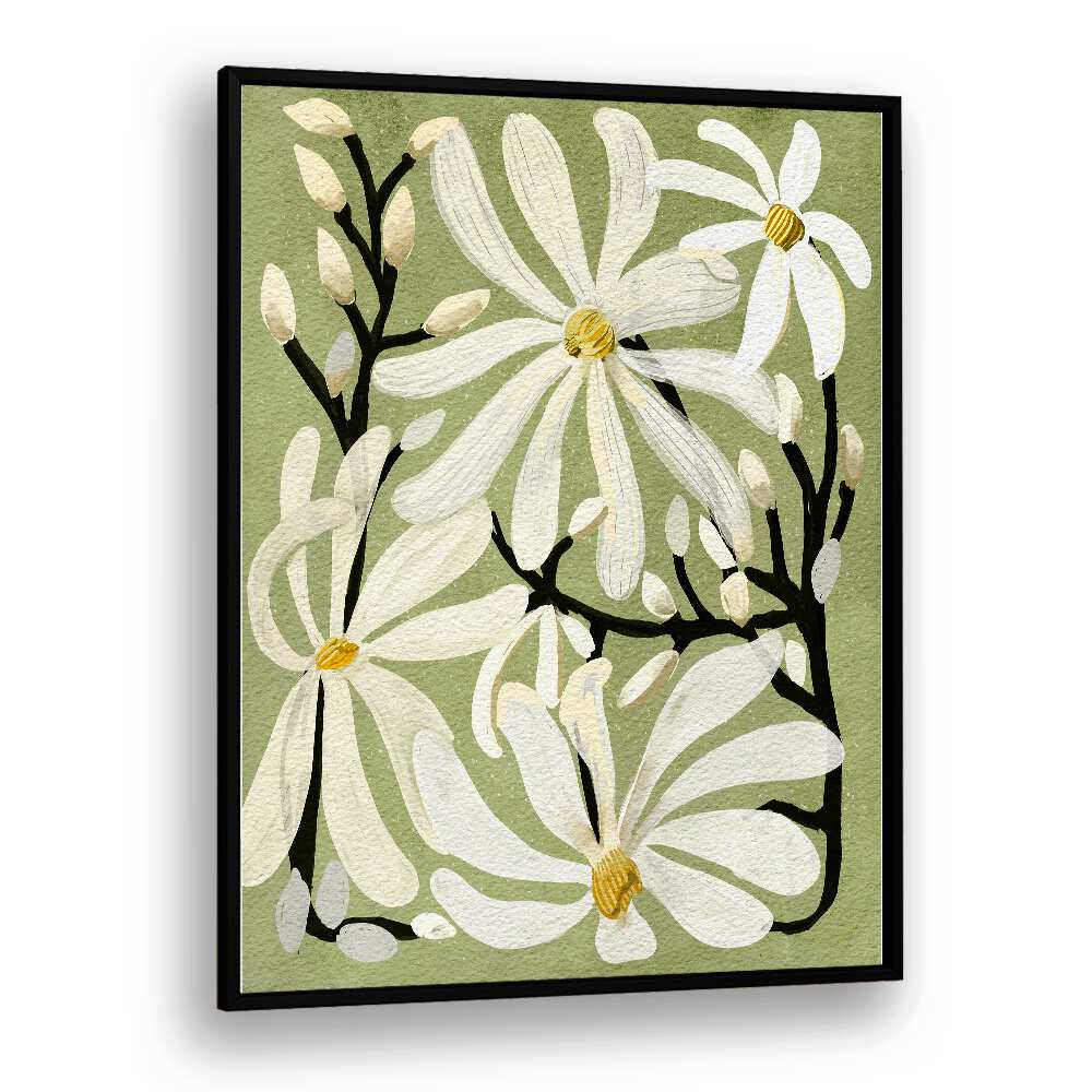 Elegant STAR MAGNOLI, FLORAL FLOWER PAINTINGS showcasing delicate magnolia flowers on a soft green background.