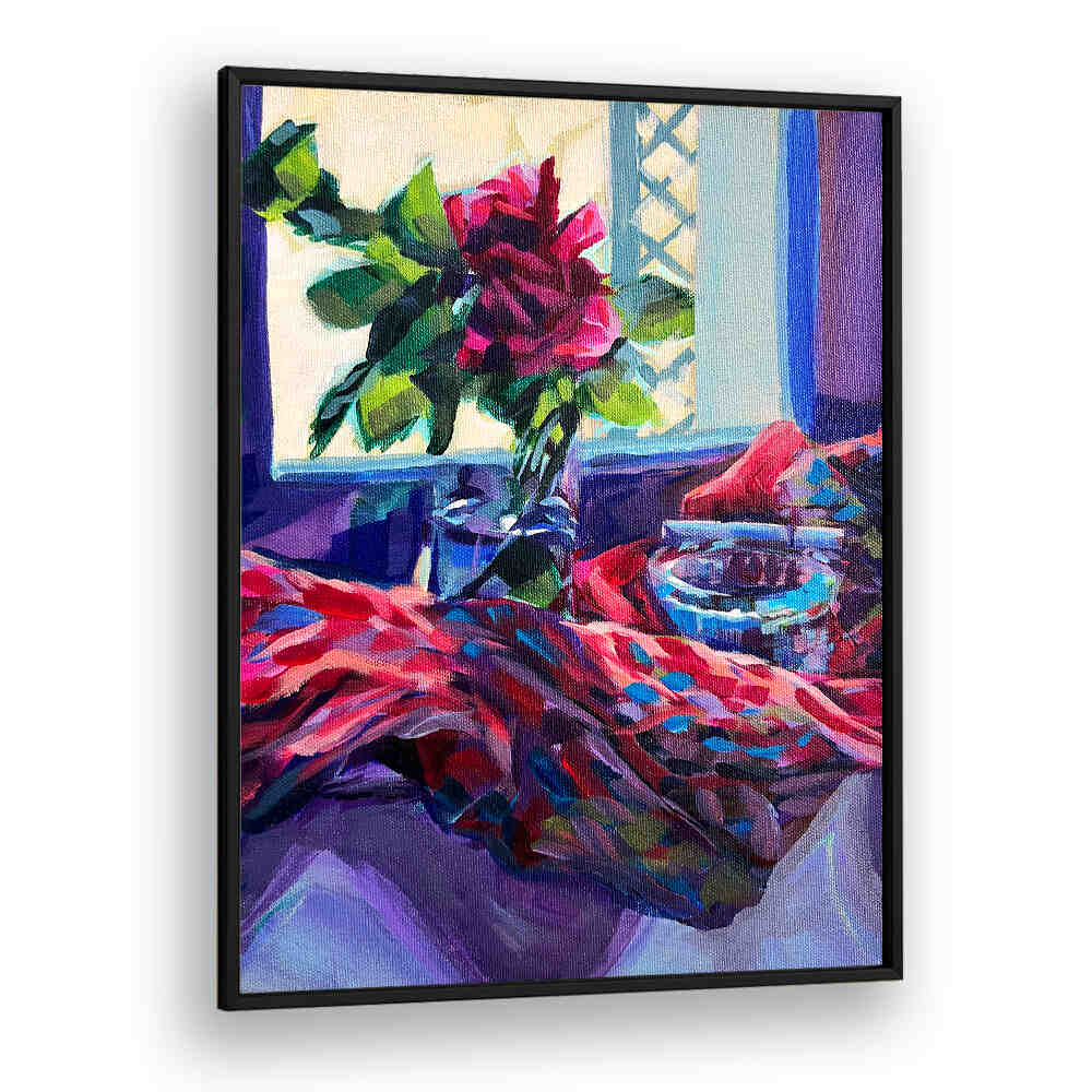 ROSE FRANÇAISE , FLORAL FLOWER PAINTINGS showcasing a vibrant rose in a vase by a sunlit window with colorful draped fabric
