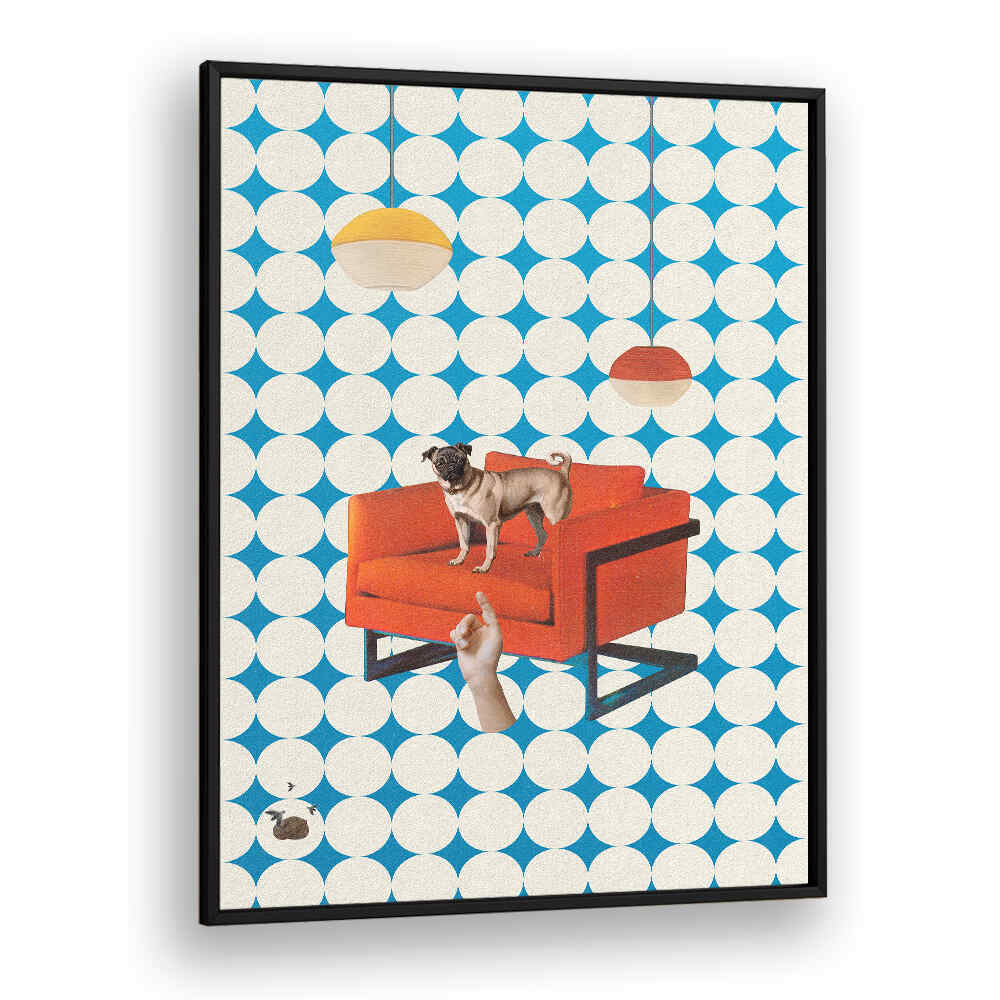 Surreal art print featuring a dog on an orange chair, titled IT WAS YOU, SURREAL ART PRINTS. Perfect for unique decor.