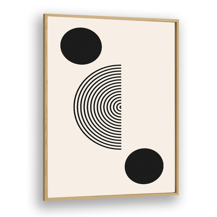 Elegant BLACK MOLE I, BOHO ART PRINTS in a wooden frame, featuring abstract black and white circles for stylish decor.