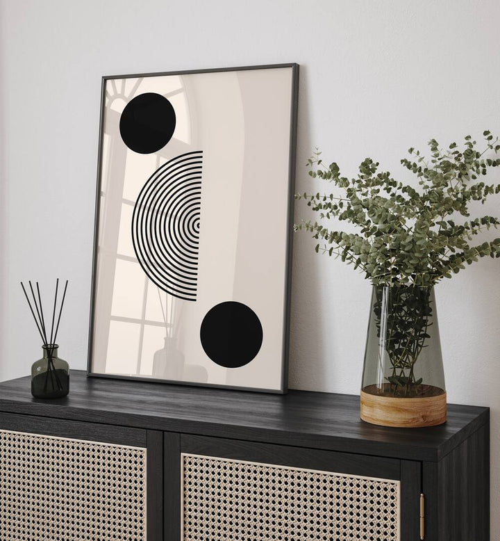 Stylish BLACK MOLE I, BOHO ART PRINTS featuring elegant black and white circles, perfect for modern decor.