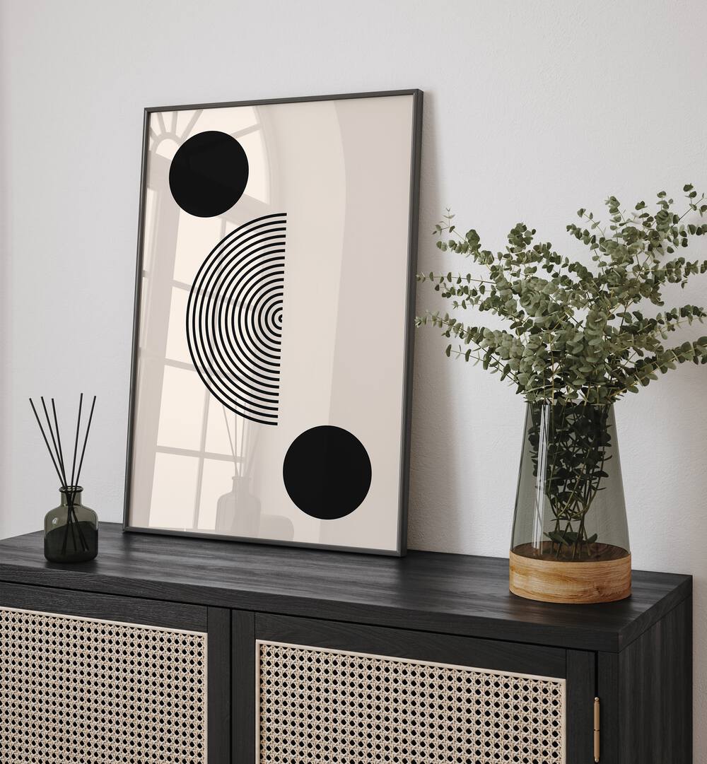 Stylish BLACK MOLE I, BOHO ART PRINTS featuring elegant black and white circles, perfect for modern decor.