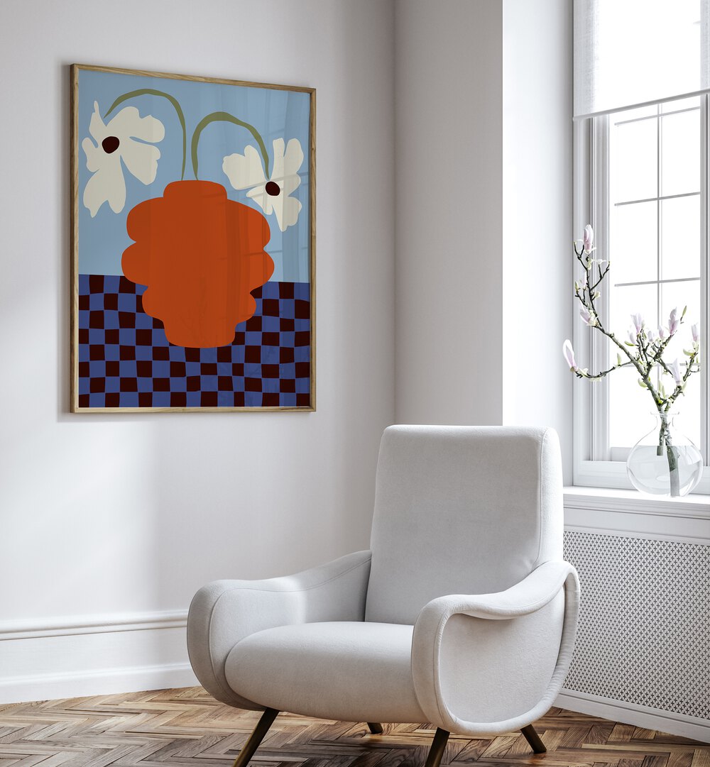 Blooming Dropping And Checkerboard, Botanical Art Paintings Artwork in Oak Wood Plain Frame
placed on a White Colored Wall
in the Drawing Room