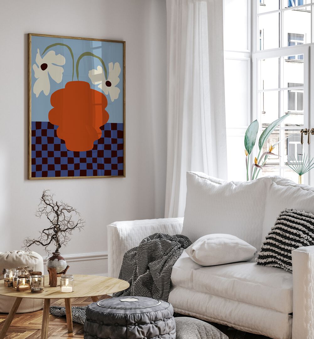 Blooming Dropping And Checkerboard, Botanical Art Paintings Artwork in Oak Wood Plain Frame
placed on a White Colored Wall
near a White  Sofa
in the Living Room