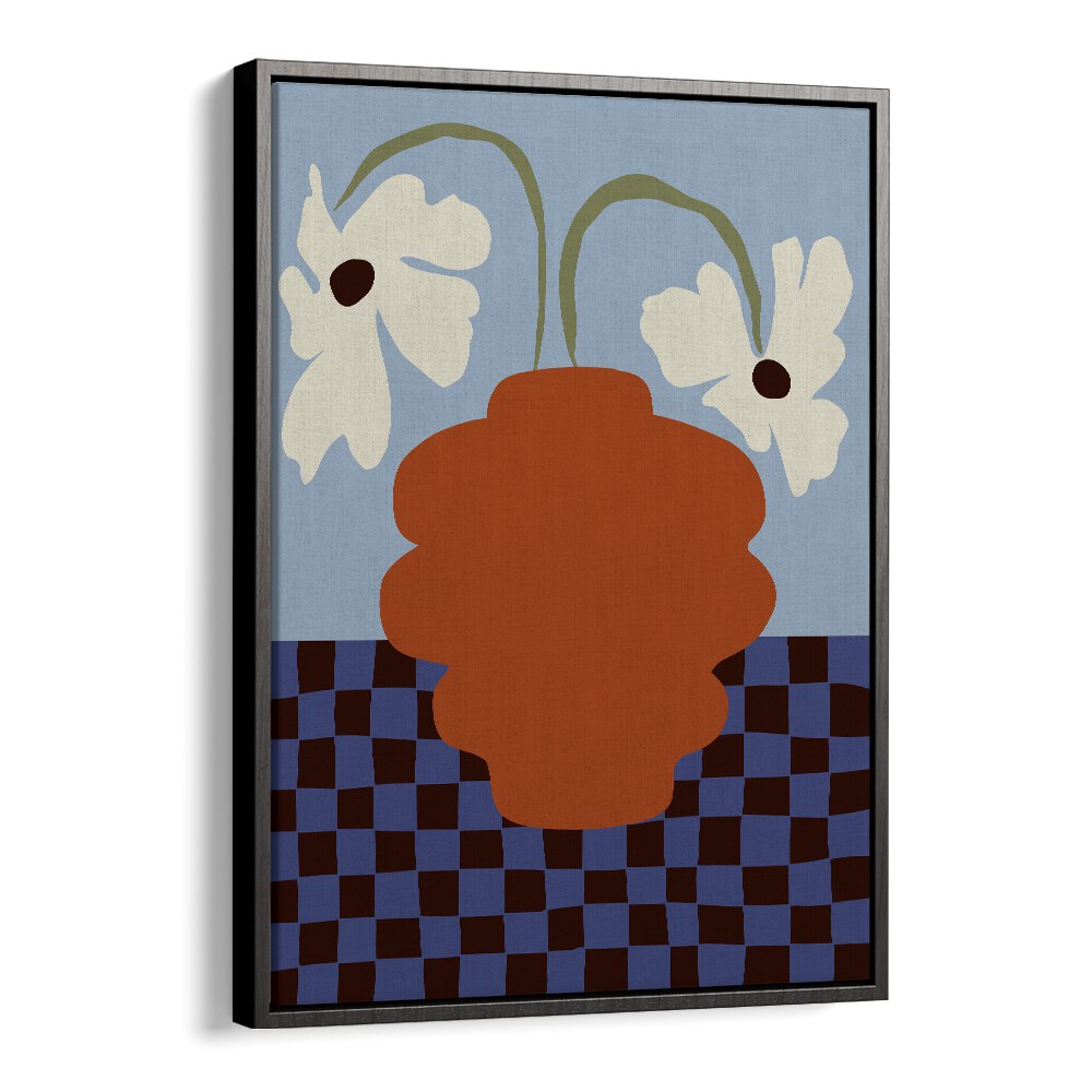 Blooming Dropping And Checkerboard, Botanical Art Paintings Artwork in Black Floater Frame