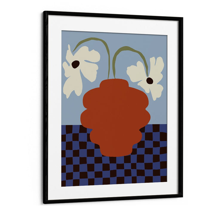 Blooming Dropping And Checkerboard, Botanical Art Paintings Artwork in Black Frame With Mount